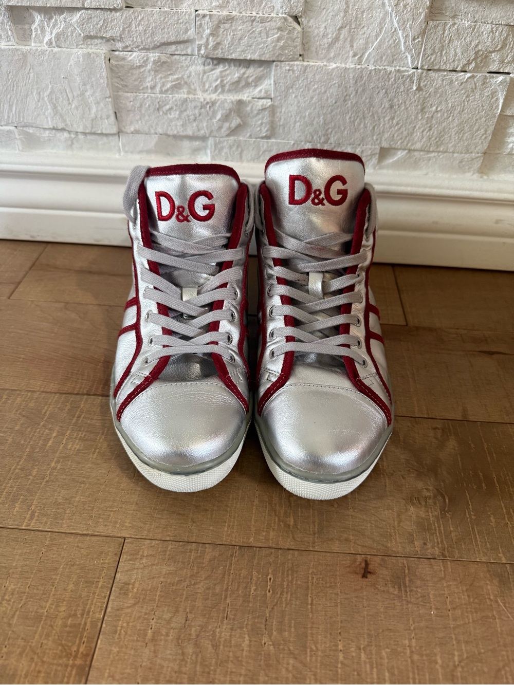 D&G Butterfly Men Silver and Red High-Top Sneakers - Size 40